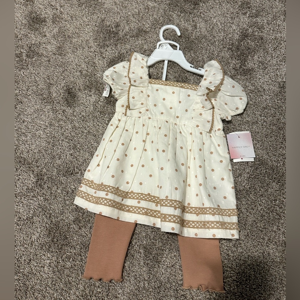 Cream Polka Dot Baby Dress with Brown Trim and Matching Leggings